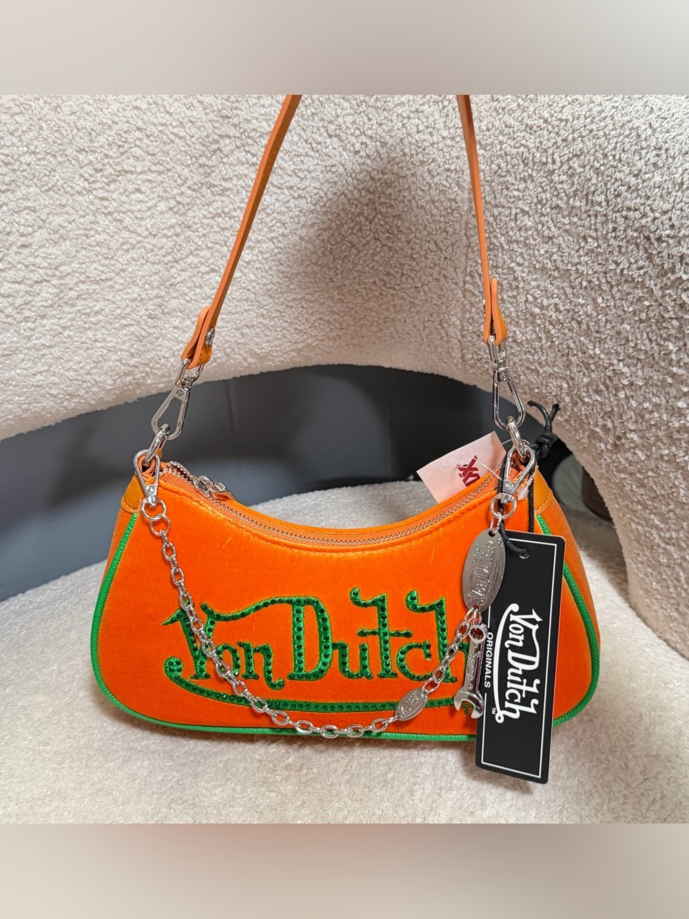 New Von Dutch Orange and Green Rhinestone Velvet Bag
